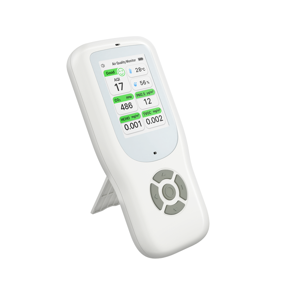 Luftkvalitetsmåler HAQ66 som måler CO2 og partikler – skjerm og app