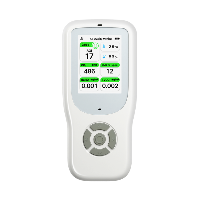 Luftkvalitetsmåler HAQ66 som måler CO2 og partikler – skjerm og app